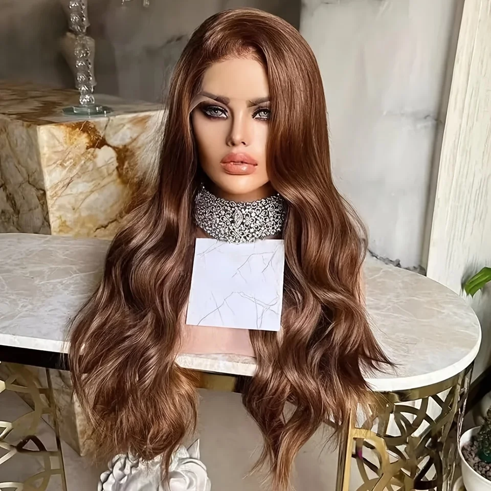 26 pollici lungo 180 densità morbido marrone scuro onda del corpo parrucche anteriori in pizzo per le donne con frangia capelli del bambino fibra sintetica parte profonda quotidiana