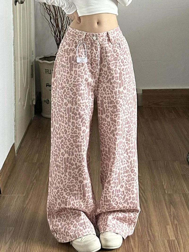 Pink Leopard Print Jeans Women's High Waist Loose Floor Length Denim Pants Retro Casual Streetwear Wide Leg Trousers