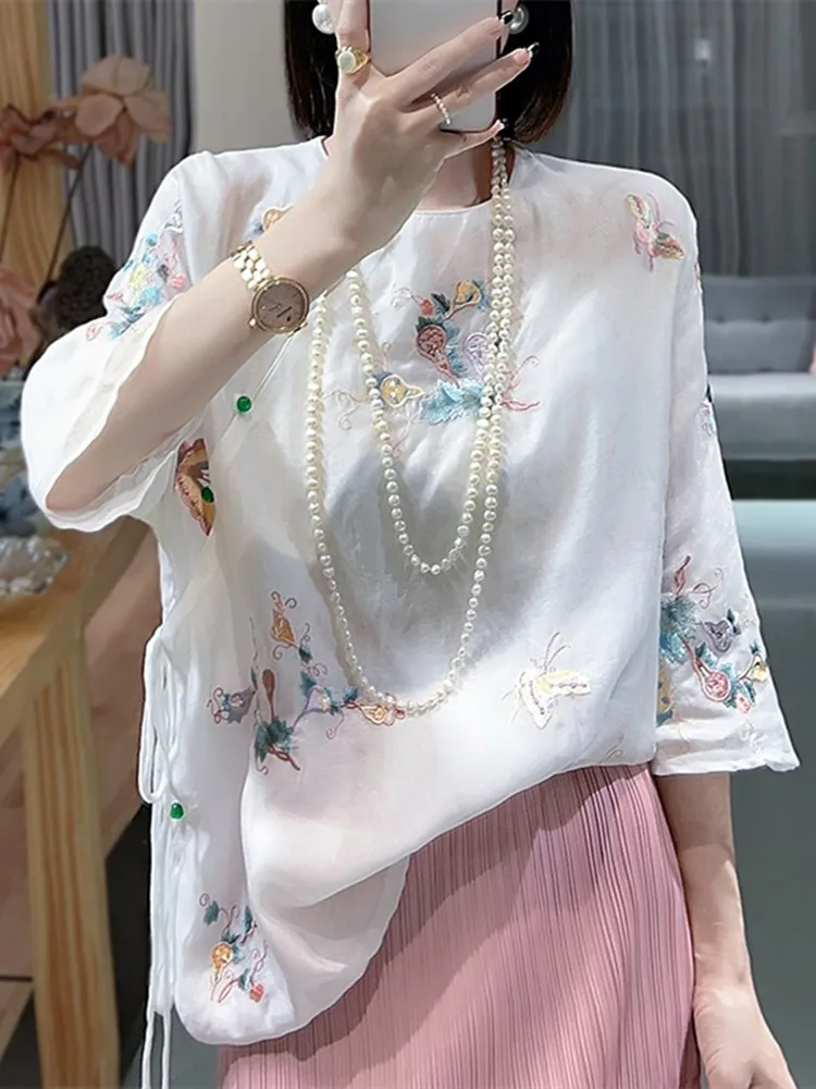 

Летний женский топ 2025 года в китайском стиле, обновленный, с вышивкой, свободного кроя, с круглым вырезом, из полиэфирного волокна