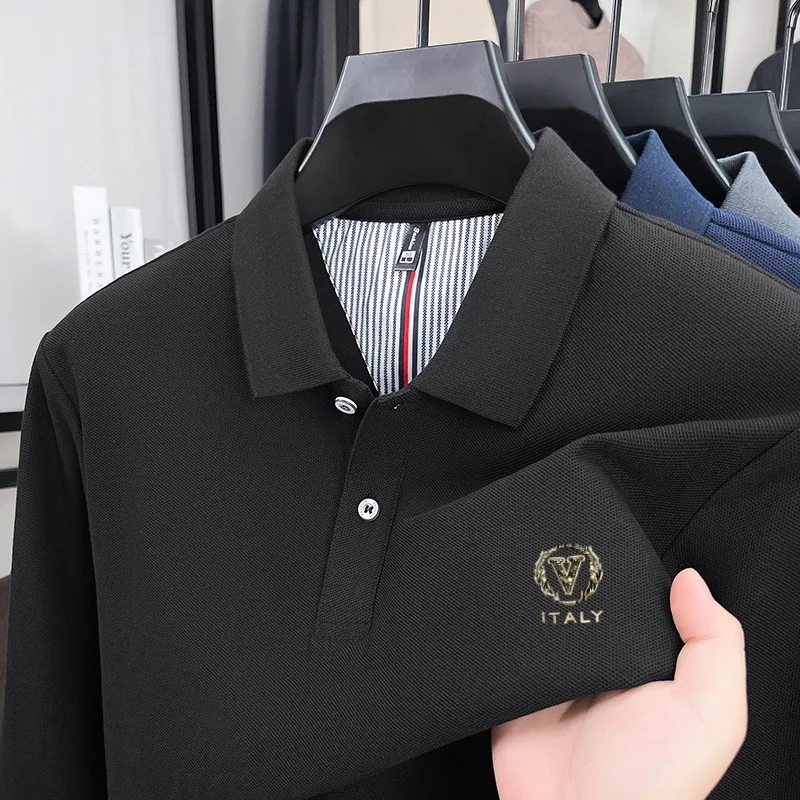 

100%pure cotton spring and autumn new men's long sleeved business casual comfortable polo shirt highend designer brand badge top