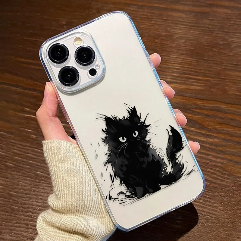 

Personalized ink-wash black cat transparent phone case suitable for iPhone 16 15 14 13 12 11Pro/ Max/Plus shock-proof rear cover