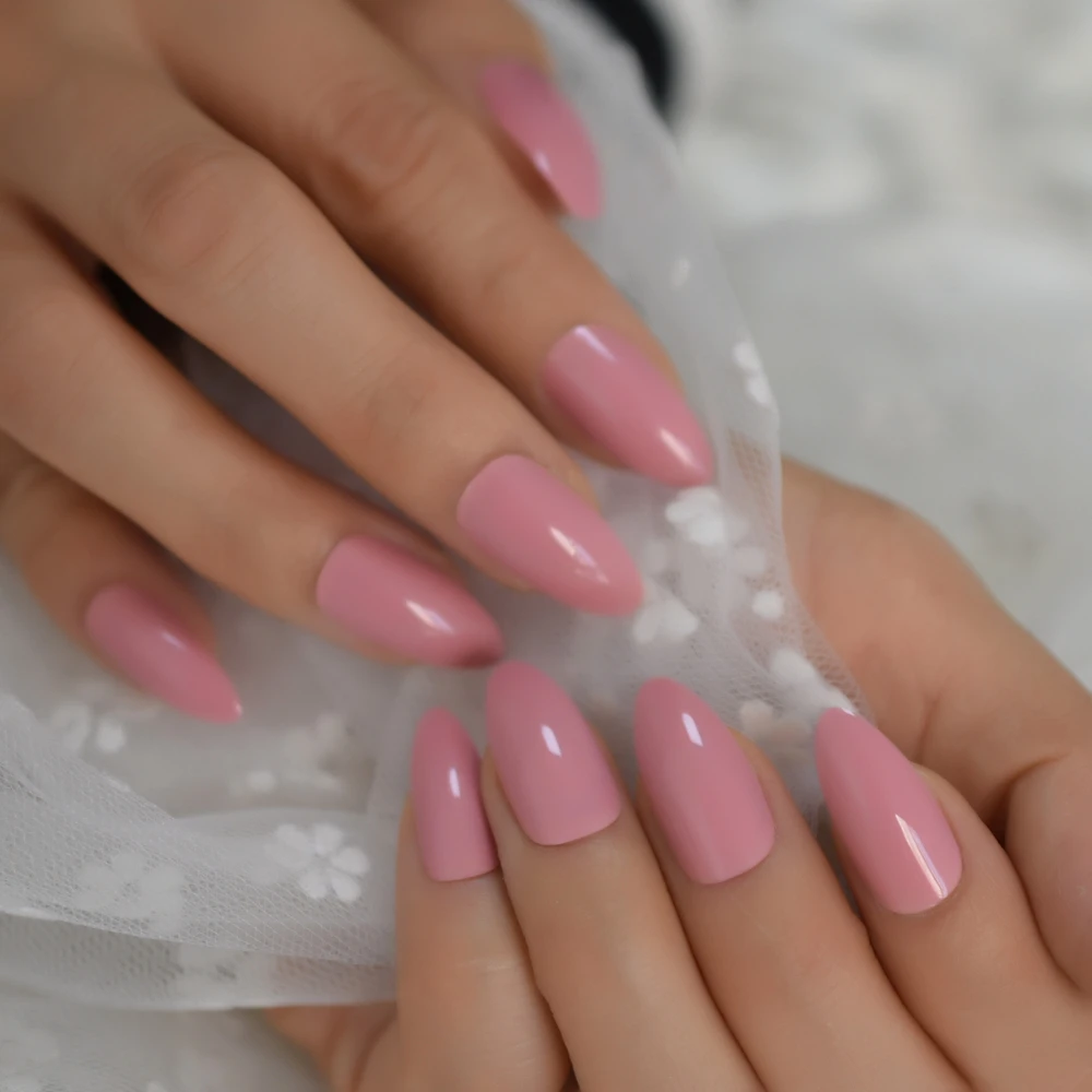 Plain Nails with gel Thin Stiletto False Nails Coral Pink Like A Smile Shiny Color Nail Art Tips