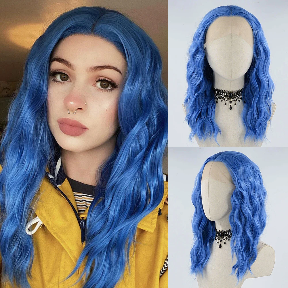 Blue Short Wigs for Women Heat Resistant Synthetic Lace Wig Glueless Loose Wave Wigs Natural Hairline Cosplay Lace Front Wig