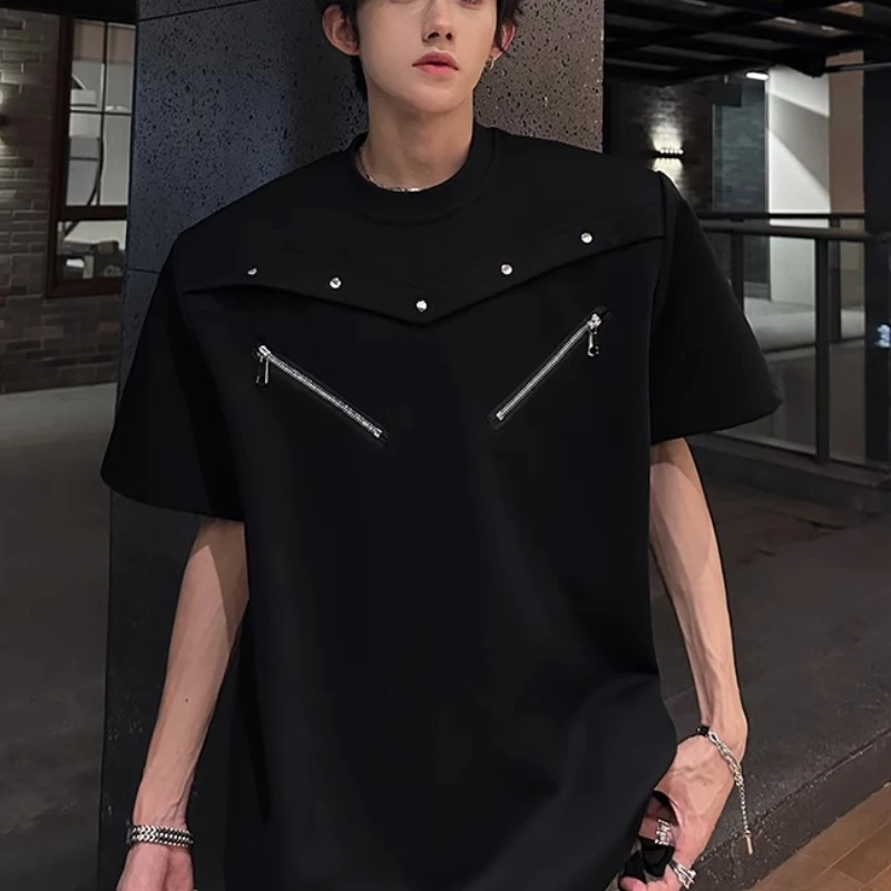 Summer Shoulder Pad Design T-shirts Men Short Sleeve Round Neck Loose T-shirt Retro High Street Social Hip Hop Tee Tops 2025