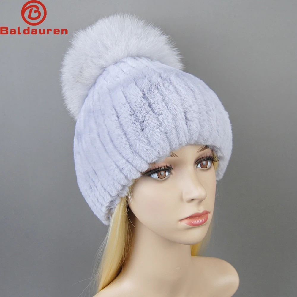 Winter Lady Natural Rex Rabbit Fur Hat Women Warm Soft Genuine Rex Rabbit Fur Cap + Silver Fox Fur Ball Knitted Real Fur Caps