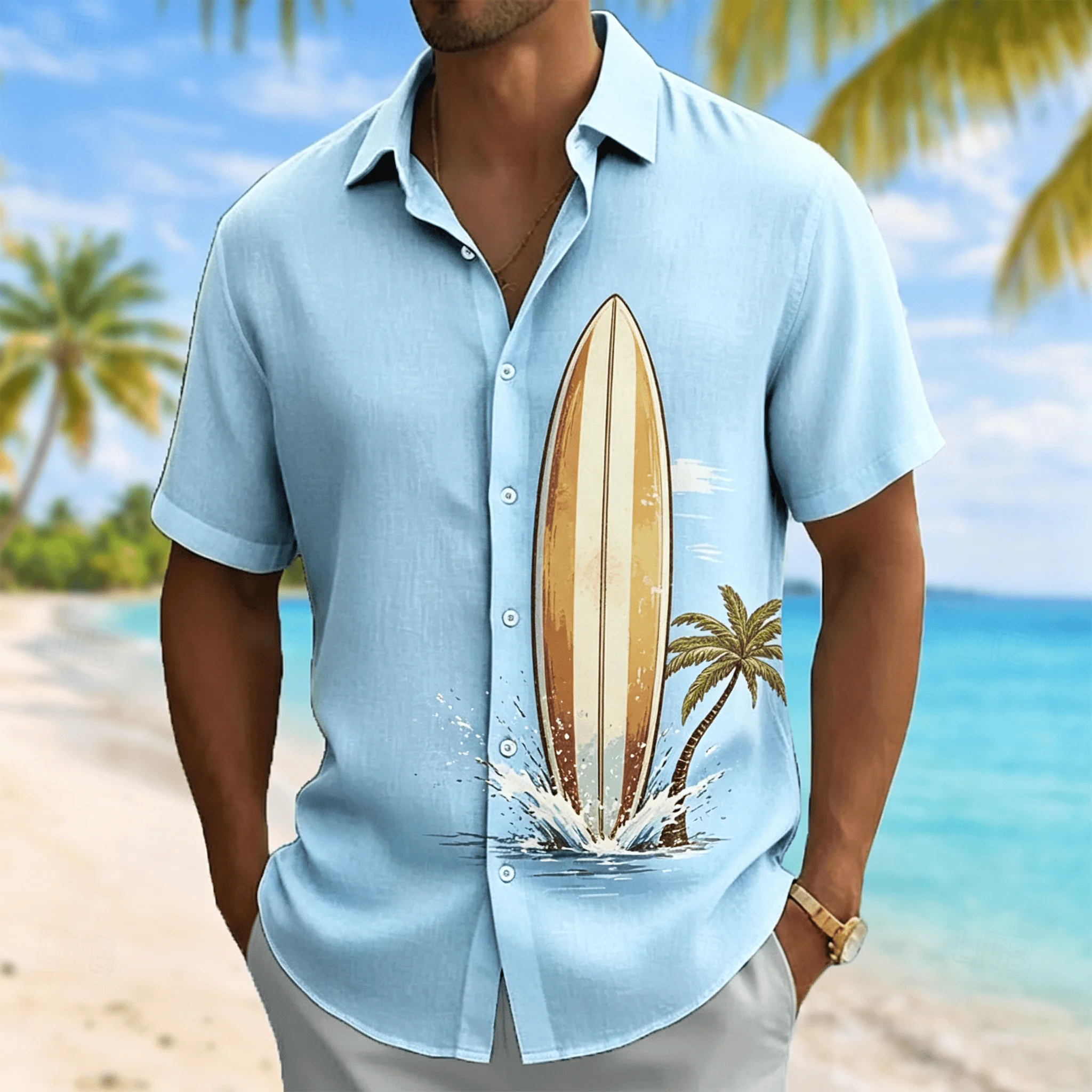 

Men's Surfboard Print Hawaiian Shirt, Palm Tree Beach Design, Casual Summer Vacation