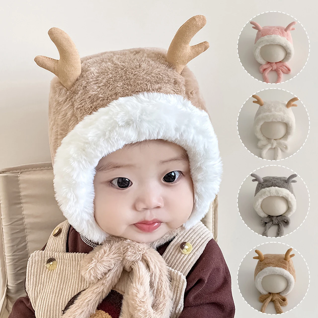

Cute Baby Christmas Hat Cartoon Elk Plush Ear Protection Cap Winter Kids Thermal Headgear 6-20Month Boy Girl Warm Plush Beanie