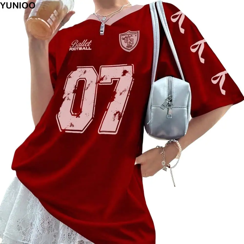 

V-neck Sports Tennis T-shirts Teenagers Adolescent Large Size Female Crop Tops Loose Number Print Bow Letter Shirt Ladies Girls