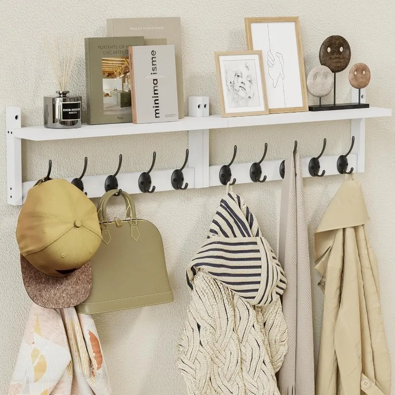 

34.2" L Wooden Wall Coat Hooks with Shelf - Versatile and Decorative Wall-Mounted Storage - 10 Hooks for Hanging Coats, H