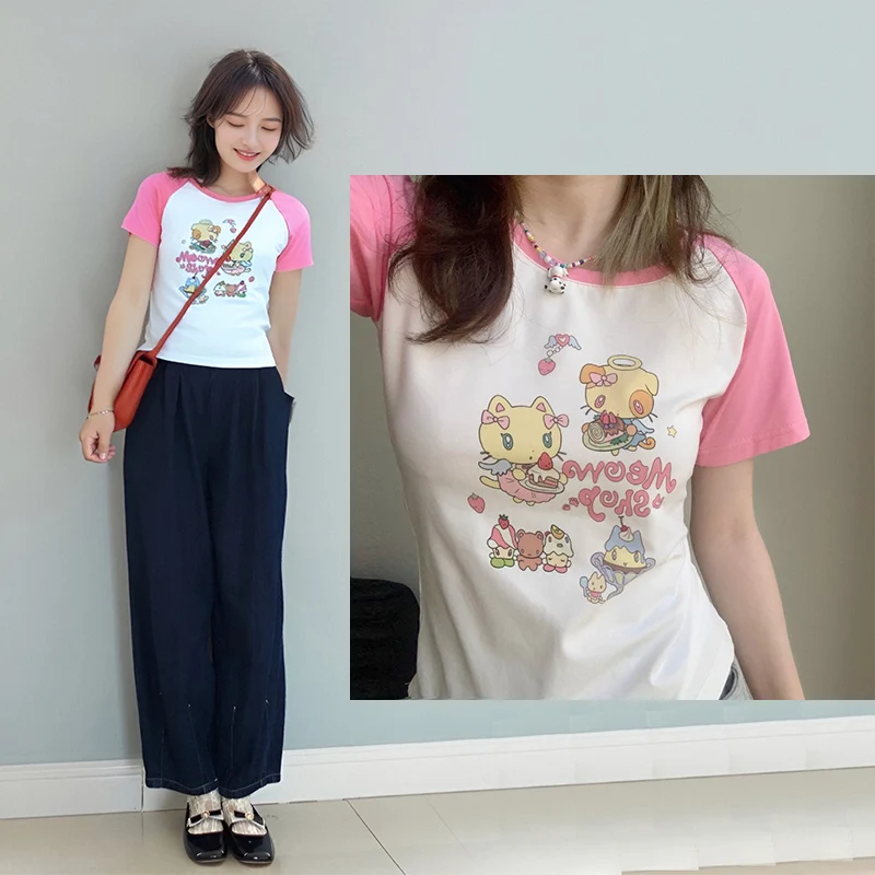 T-shirt patchwork bianca rosa con stampa gatto girocollo T-shirt corte slim carino Kawaii estate 2024 donna giovane casual top a maniche corte