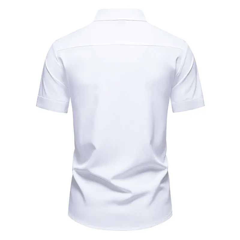 Men's White Business Casual Short Sleeved Shirt, One Breasted Lapel Collar Tops, Mens Trendy Patchwork Office Shirts