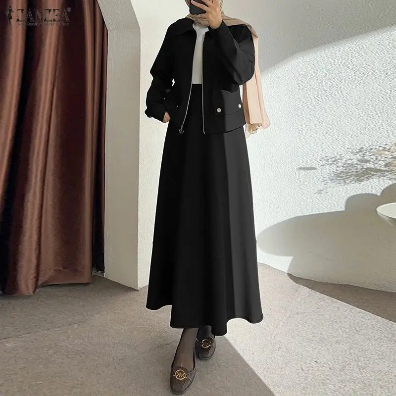 Modest Fashion Womens Skirt Suits Long Sleeve Jackets & A-Line Maxi Skirts 2 Pieces Sets ZANZEA Muslim Islamic Hijabs Outfits