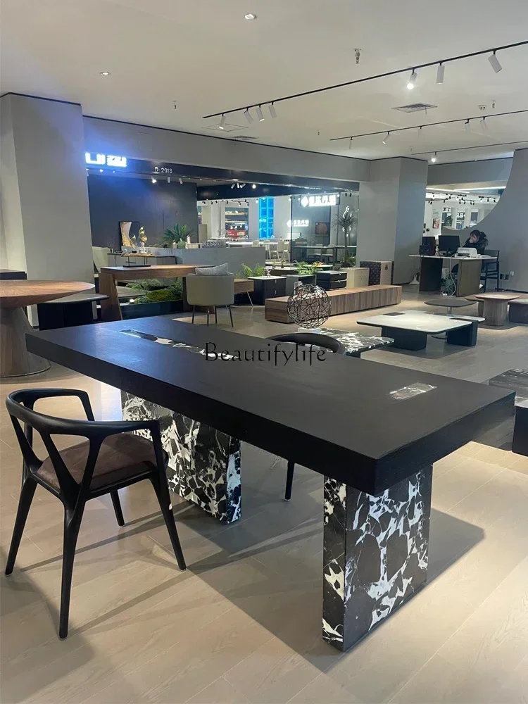 

Italian minimalist black and white flower marble solid wood dining table modern minimalist dining table