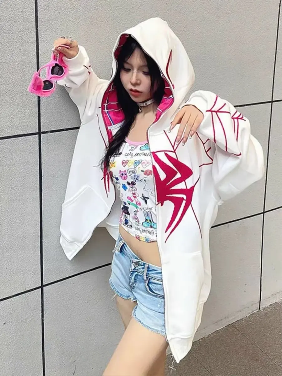 Women\'s Hip Hop Hoodie Spider Web Red Hoodie Emo Sweatshirt Zipper  Harajuku Punk Fun 2023 Sweatshirt Pocket Y2k Clothing