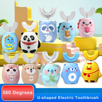 360 °   Elektryczna soniczna szczoteczka do zębów w kształcie litery U, akumulator dla dzieci, automatyczna silikonowa szczoteczka do zębów dla dzieci, inteligentny timer, niebieskie światło IPX7