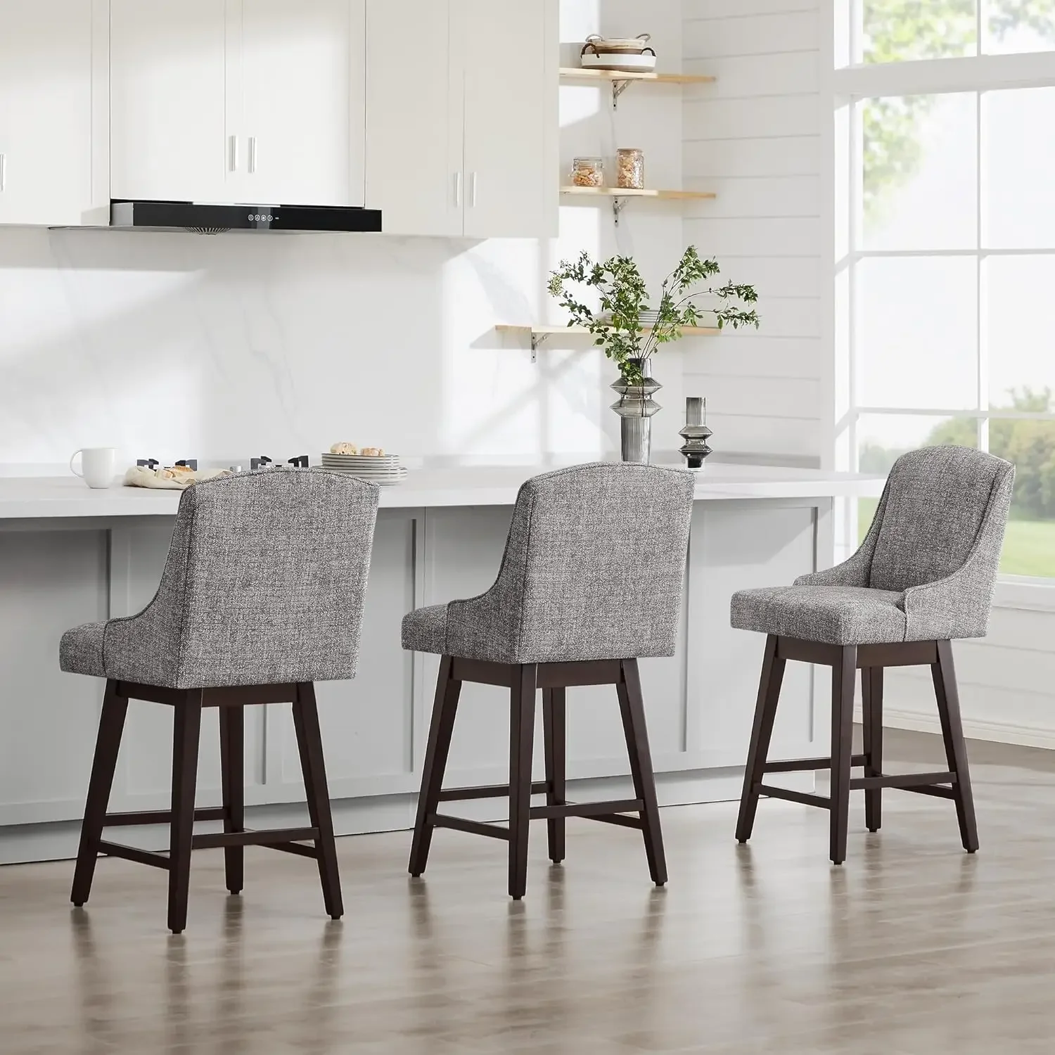 Counter Height Swivel Barstools, FSC Certified Upholstered Fabric Bar Stools Set of 2, 26" Seat Height, Pebble Grey