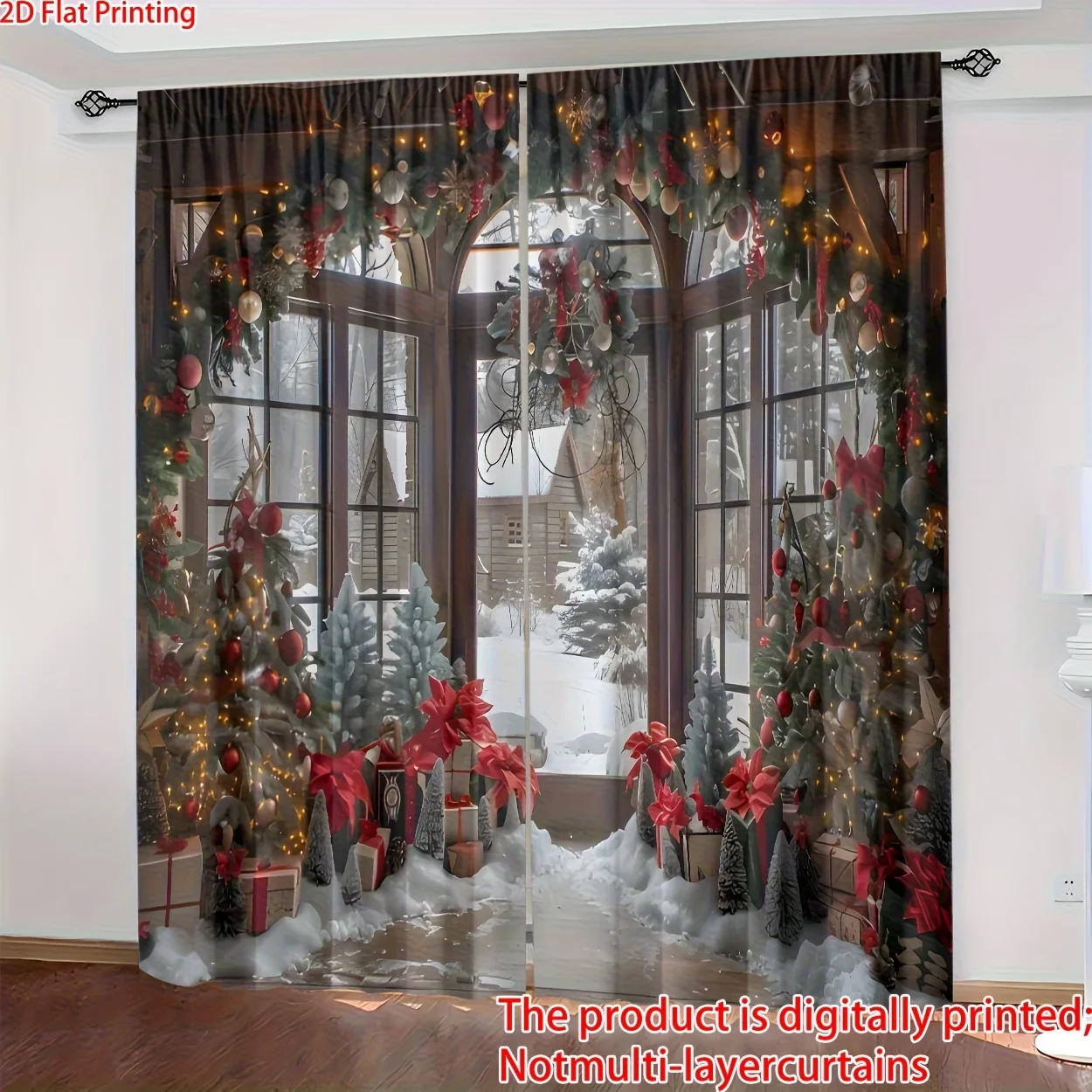 2D Christmas Window Curtain Digital Print Holiday Scene Curtain for Living Room Festive Decor