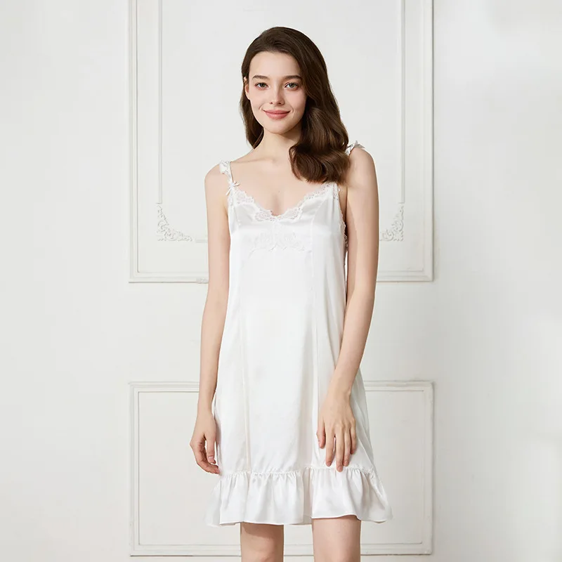 100% Mulberry Silk Nightgown for Women Lace V-Neck Sleeveless Slip Night Dress Ruffle Hem Short Sleepwear White Satin Nightwear