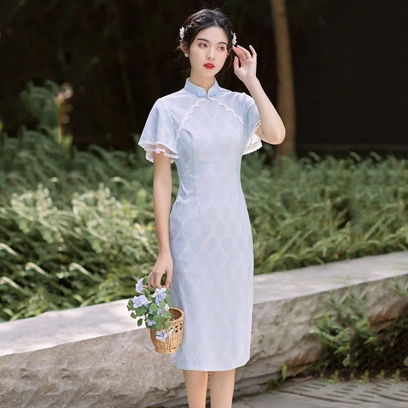 2023 Blue Chinese Traditional Cheongsam Novelty Retro Dress Gentle Fairy Style Sexy Women Qipao A-line Dresses