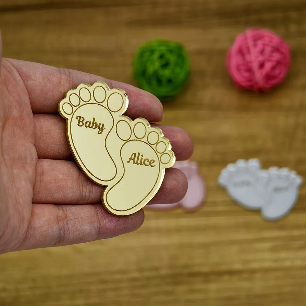 

30/50/60/70/100Pcs Personalized Mirror Acrylic Baby Shower Foot Tags Engraved Baptism Baby Name Foot Tags For Custom Gift