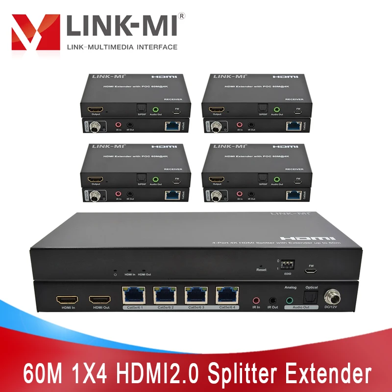 LINK-MI 1X4 HDMI2.0 Splitter Extender up to 60M Support Analog Digital Audio, 4K@60Hz, POC 1 in 4 out Video Audio Splitter