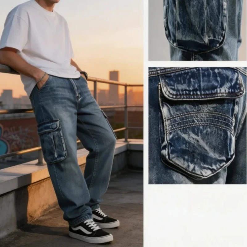 Harajuku Summer Unisex American Hip Hop Cargo Jeans Men Multi Pocket Baggy Big Size Denim Pants Streetwear Y2K Trousers Fashion
