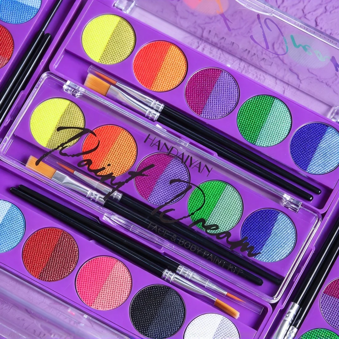 Water Activated Face Paint Palette Dual Color Fluorescent Watercolor Stage Makeup Music Festival Easter WaterResistant Quick Dry