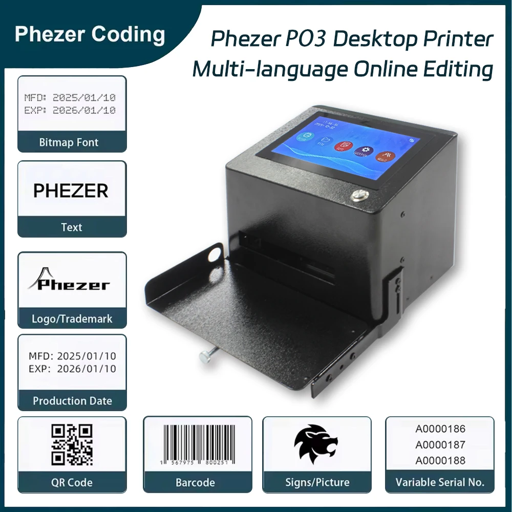 For Phezer PO 3 Desktop Inkjet Printer 2025 new 12.7 mm/25.4 mm QR Bar Batch Code Date Number Logo Expiry Date Por Office