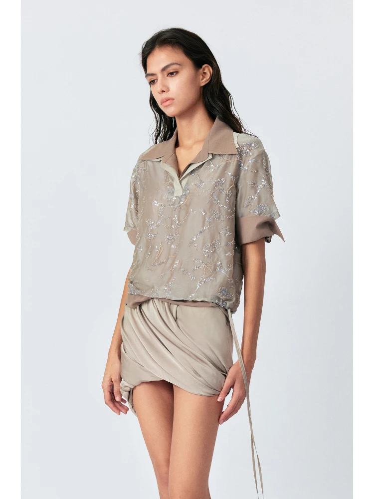 

LUCENCY Spring Summer 25 Short Sleeve Embroidered Beads Polka Dot Two Piece Set Women's Loose Fit Polyester Fiber Shirt
