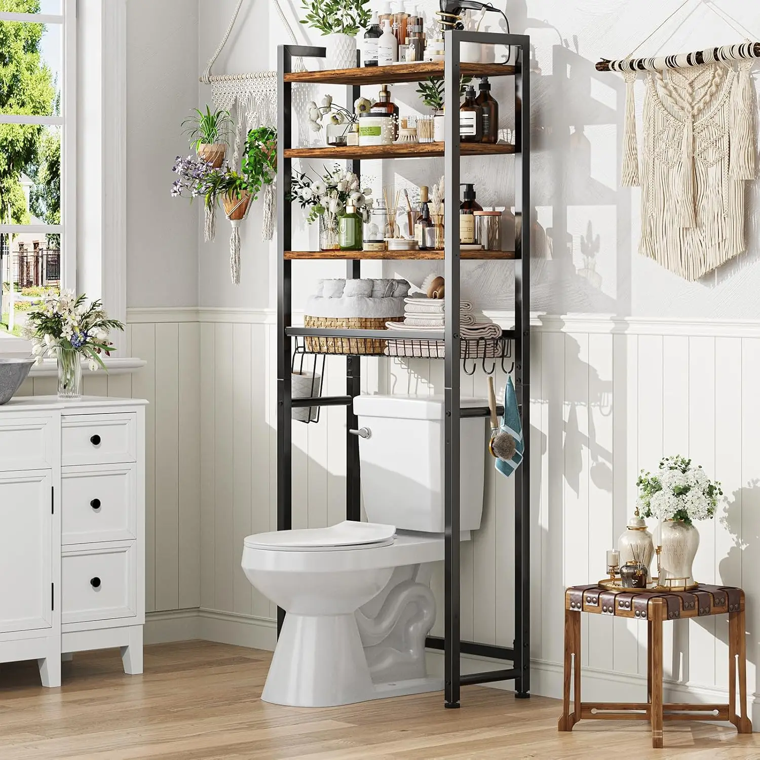 

Over The Toilet Storage Rack, 4 Tier Over Toilet Shelf with Adjustable Feet, Freestanding Bathroom Organizer with Wooden Shel