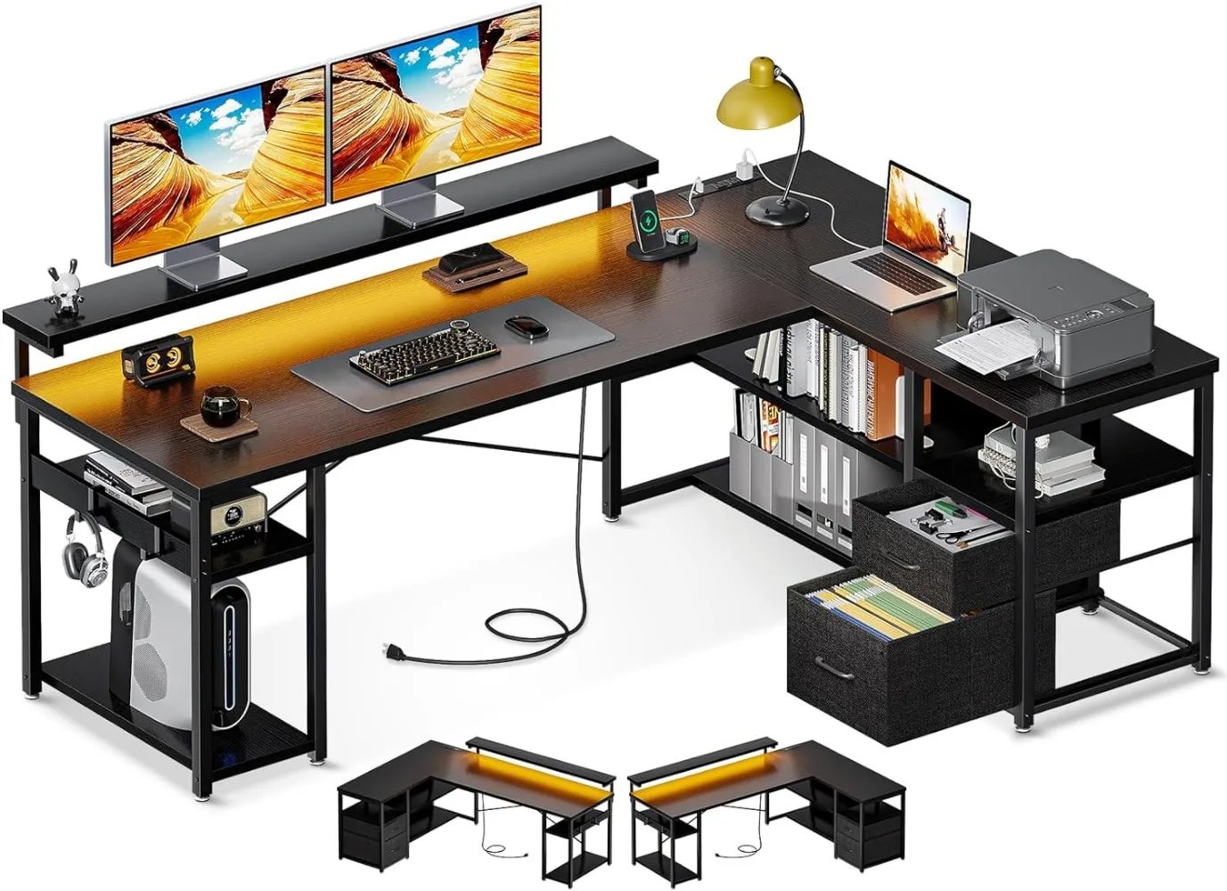 ODK L Shaped Gaming Desk com gavetas de arquivo, mesa do computador reversível com Power Outlets e luzes LED, Home Office Desk