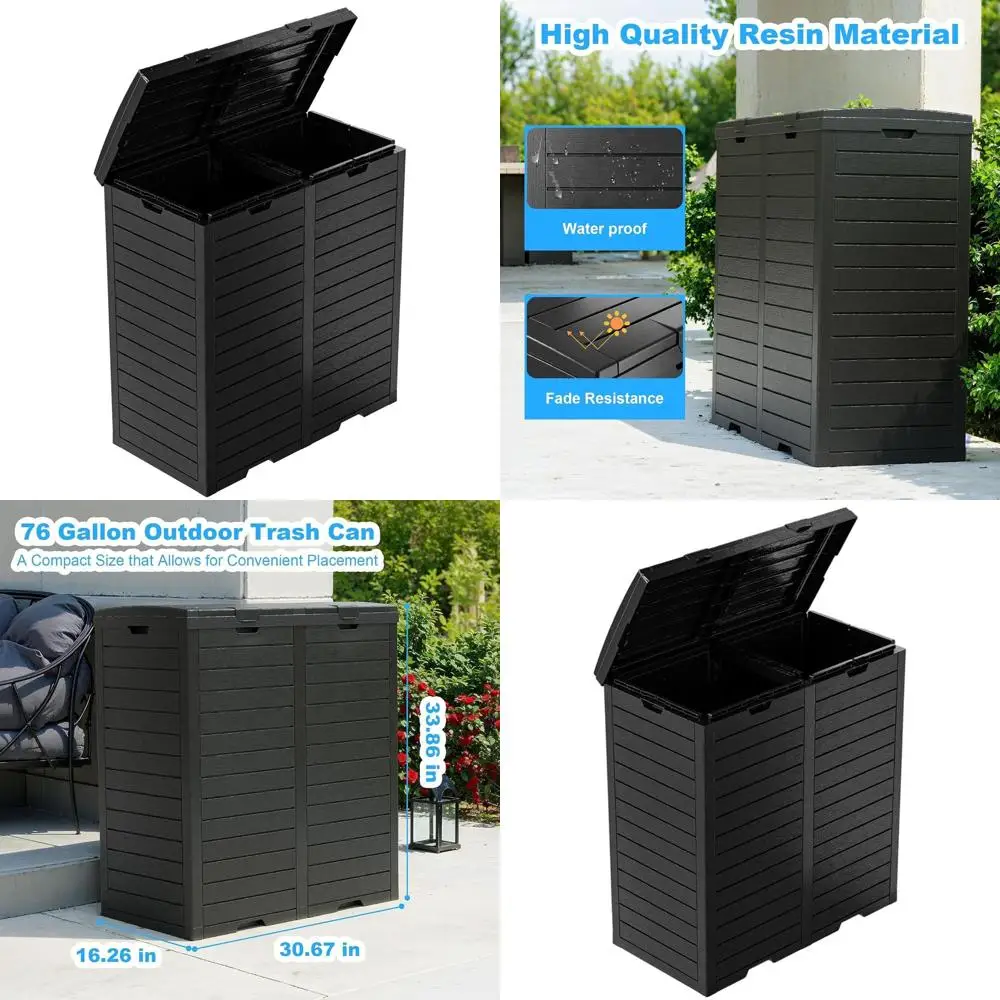 

76 Gallon Black Outdoor Trash Can with Dual Lid and Pull-Out Liquid Dispenser for Patio and Backyard Use