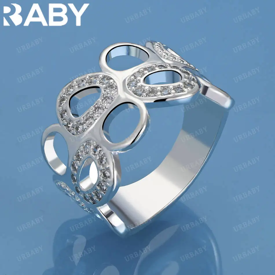 

URBABY 925 Sterling Silver Size 7-10 Zircons Hollow Heart Ring For Women Men Grace Jewelry Trend Fashionable Birthday Party Gift