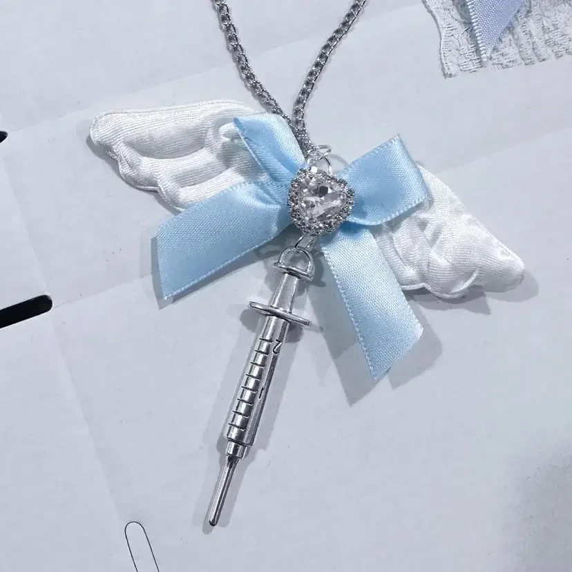 Fashion Love Heart Bowknot Metal Syringe Shape Pendant Necklace for Women Dark Lolita Cool Trend Jewelry Gothic Accessories