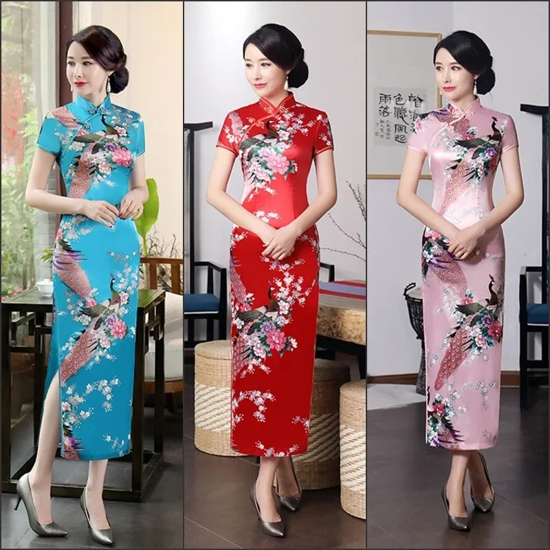 Cinese nazionale primavera Cheongsam abito lungo floreale Vintage abiti di seta donne femminili Qipao