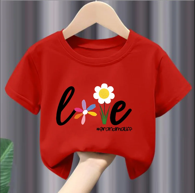 Girls' Summer Crew-neck Short-sleeved Top New Style Flower English Printed Top Girls Clothes