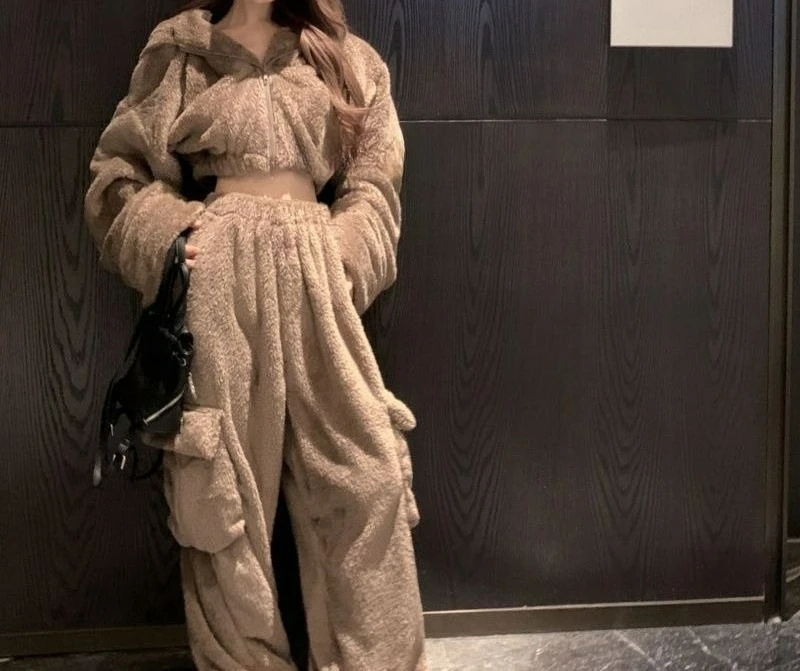 

Lazy Style Fashion Plush Set Winter New Hooded Jacket Pocket Casual Pants Two-Piece Set