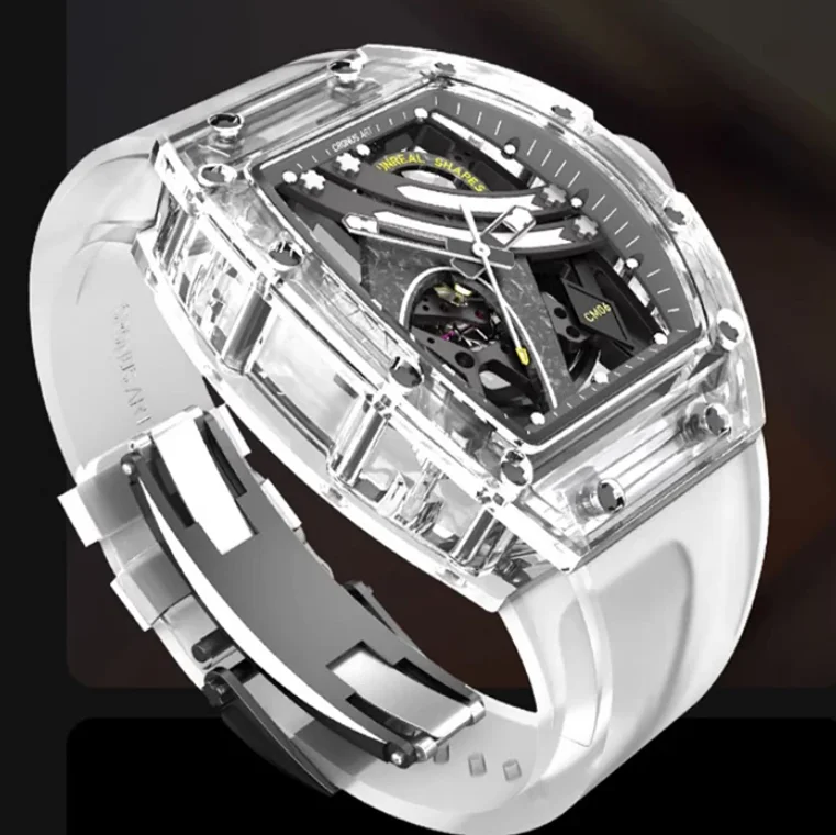 

CRONUSART Мужские автоматические часы 50 мм Tonneau Механические наручные часы Роскошный акриловый корпус Светящийся скелет Радужный циферблат