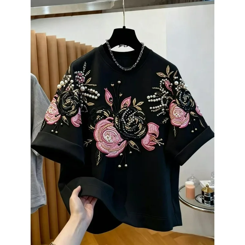 This Is A Must-have Short-sleeved T-shirt Summer Suitable for Both Men Women Comes Large Size Beaded Embroidery Loose Round Neck