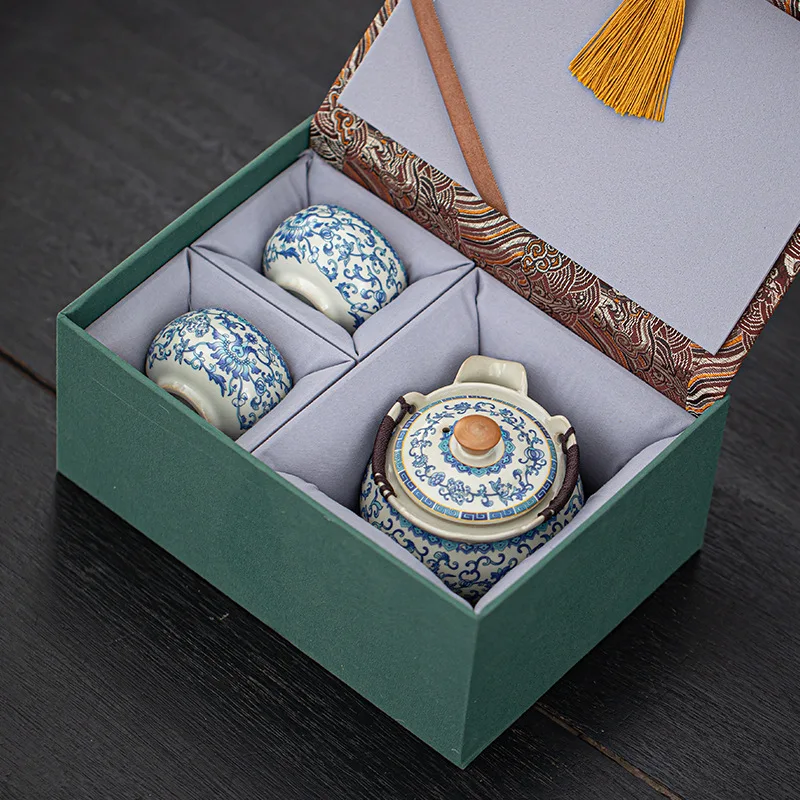 Ru Ware Chinese Style Vintage Ceramic High-End Tea Set Gift Box with Hand Enterprise Anniversary Activity Huang