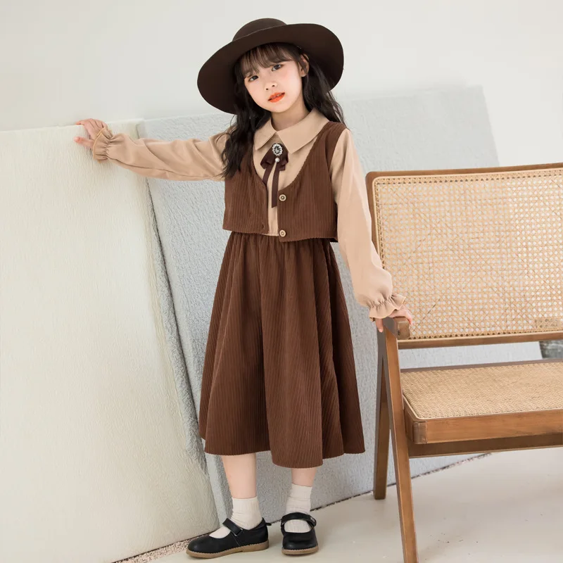 Spring Autumn Children Girl Long Sleeve Dress Teenager Girl Fake Two-pieces Vest Patchwork One-piece Dress Junior Girl Dress