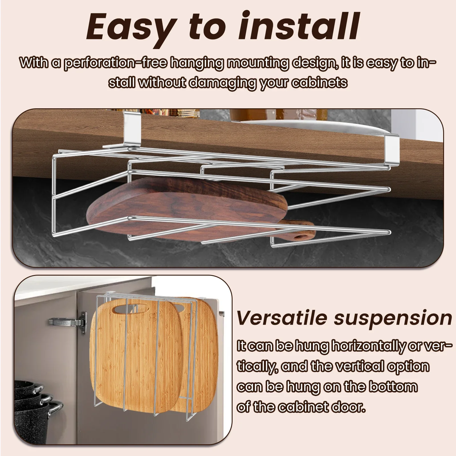 Soporte organizador para tabla de cortar debajo del gabinete, tabla de cortar colgante para cocina, tapa para olla, estante de almacenamiento de utensilios de cocina de acero inoxidable