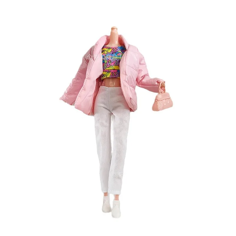 Mode Winter Roze Donsjack + Geometrische Top + Witte Broek Set Voor 1/6 Supermodel Pop Dress Up 30 cm Pop Kleding Accessoires