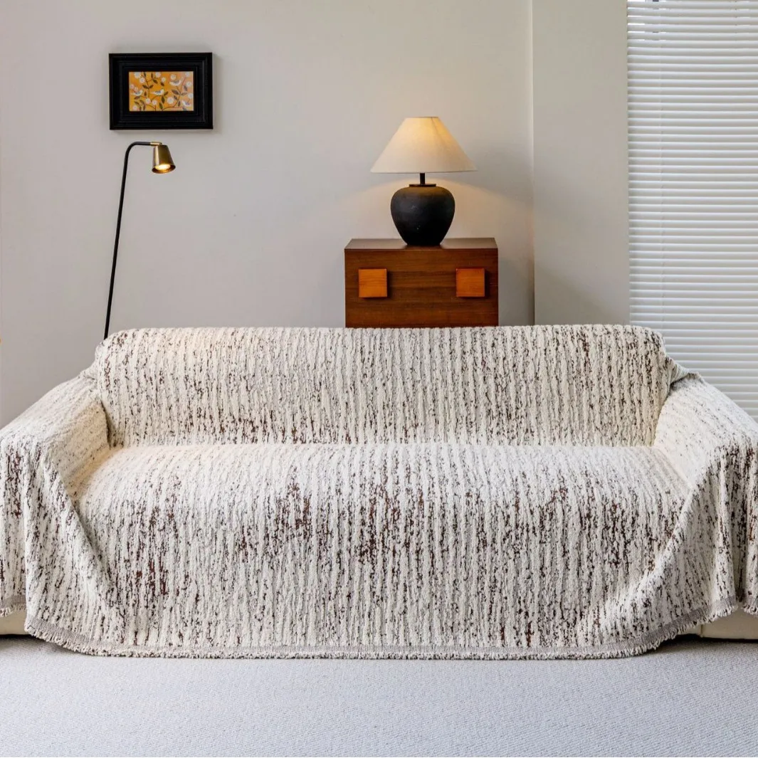 1PC Chenille Sofa Towel All-cover Coffee Striped Pattern Sofa Throw Blanket with Tassels Couch Protector Double Face Usable