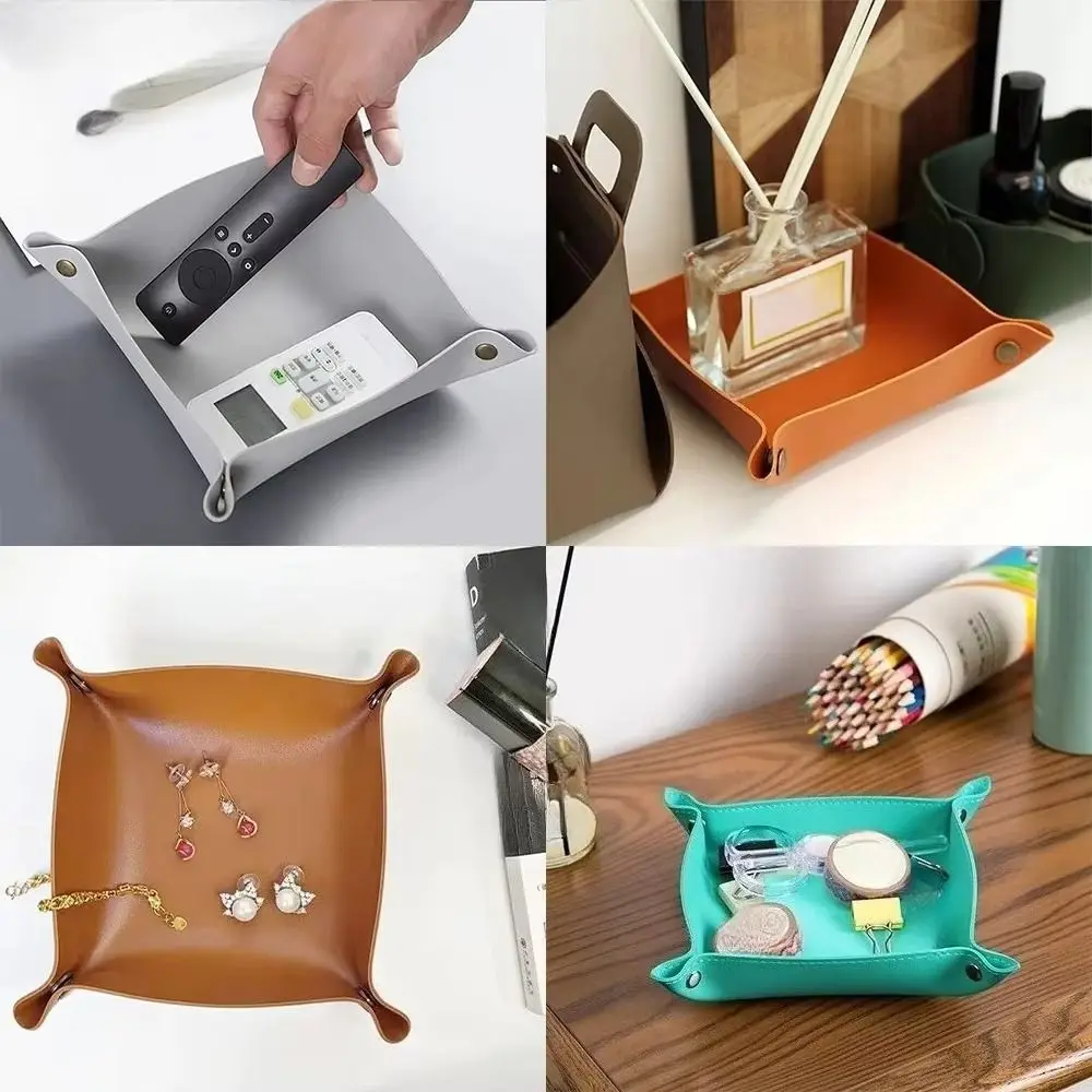 New 25X25cm Leather Tray Large Capacity Foldable Table Storage Box Square Storage Tray for Jewelry Phone Key Wallet Coin
