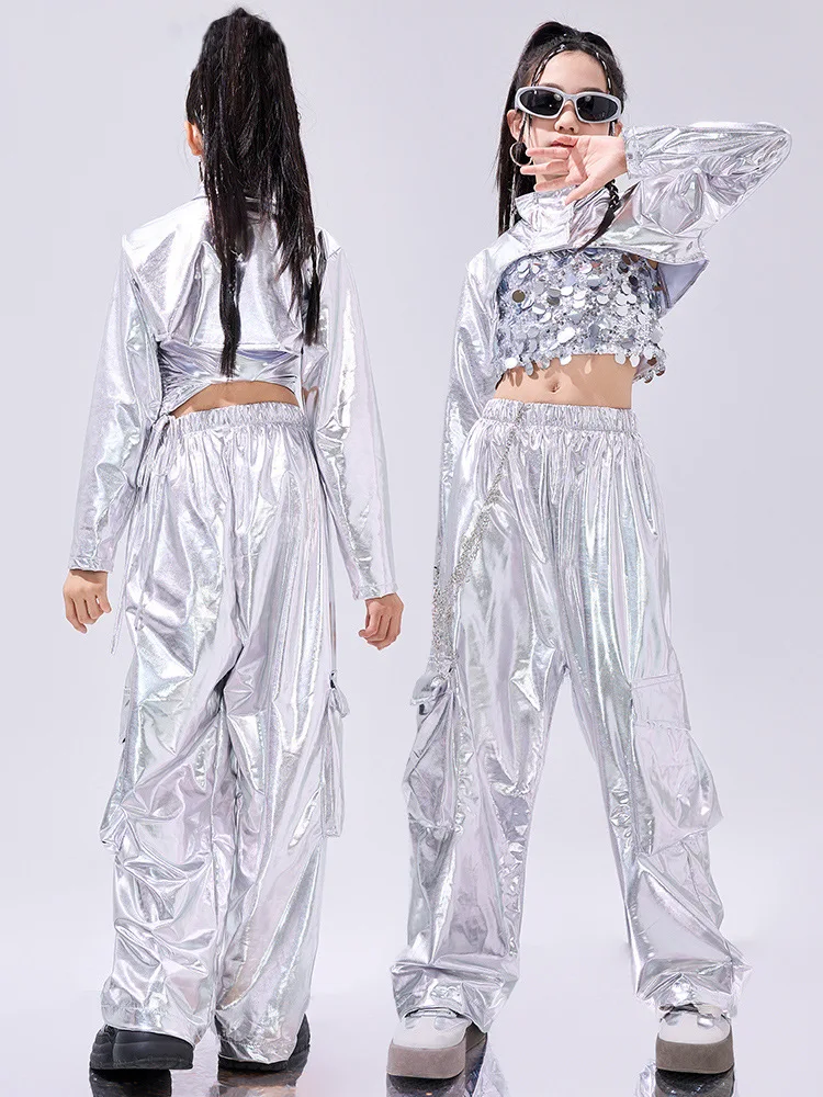 

Girls Silver Sequins Hip Hop Costume Crop Top Sequin Vest Shiny Pants for Kids Jazz Clothes Street Dance Stage Sets