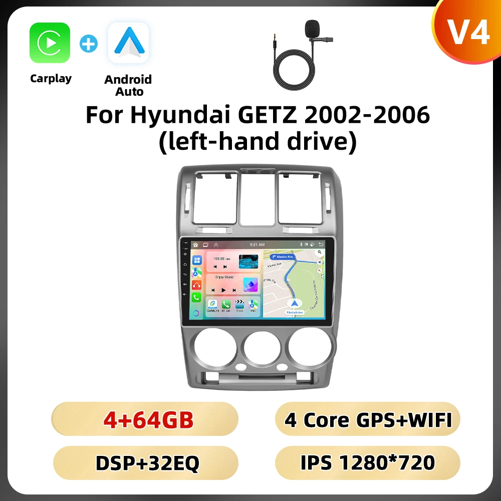 Podofo Android 9 ''Autoradio Voor Hyundai Getz 2002-2006 Multimediaspeler Spiegel Link 8 128G Carplay Android Auto Gps Wifi 4G