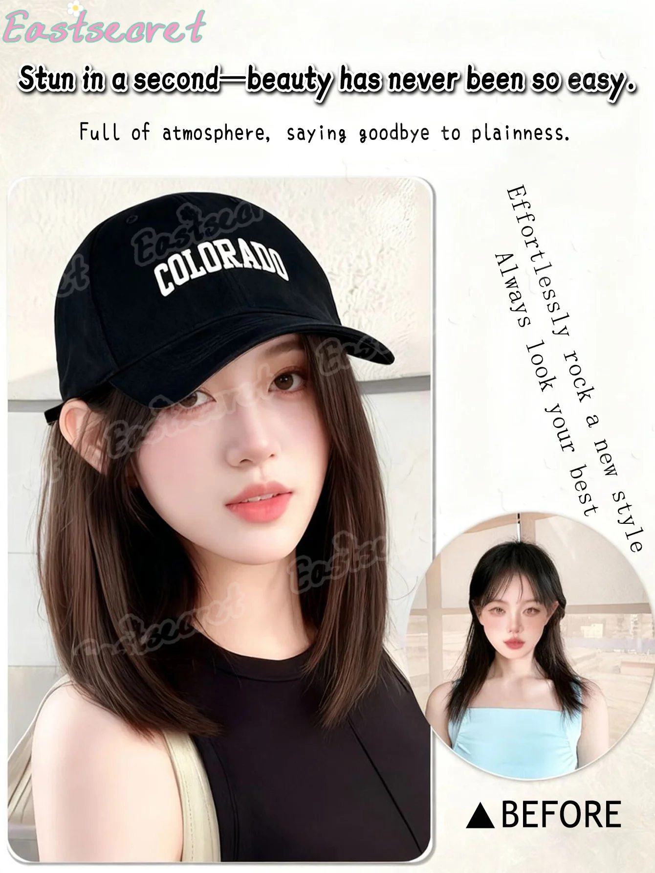 EAST Synthetic 12-inch Winter Baseball Cap Cold-resistant Wig Hat Medium-long Straight Hair with Black Cap Adjustable for Women