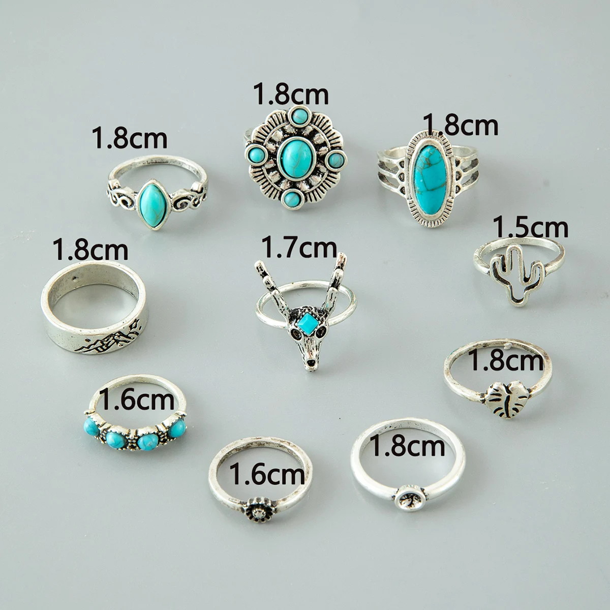 Tocona Vintage Blue Stone Flowers Geometry Ring Sets for Women Charms Foliage Cactus Animal Geometry Rings Party Jewelry Gift