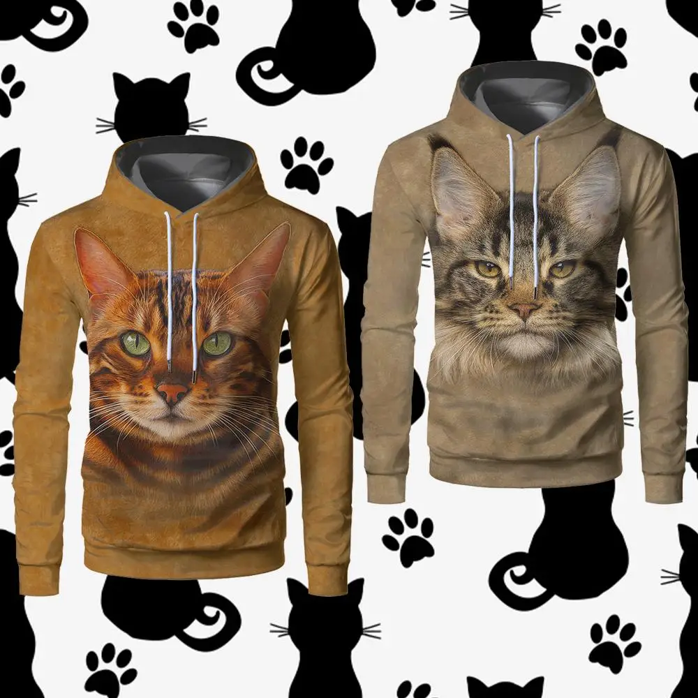 

Cute 3D Cat Hoodie Gift Apparel Realistic Cat Face and Tail Print Long Sleeve Tops Funny Animal Lover Street Fashion Pullover
